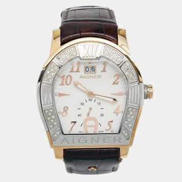 Pre Owned Aigner White Two Tone Stainless Steel Embossed Leather Diamond Roma A38100 Men's Wristwatch 45 MM