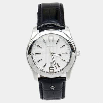 Pre Owned Aigner Silver Stainless Steel Leather Lazio A42000 Men's Wristwatch 44 mm