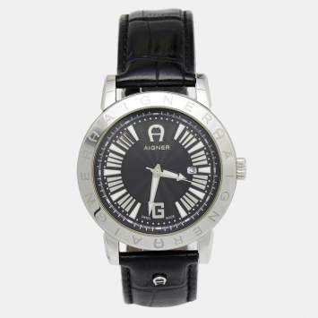 Pre Owned Aigner Black Stainless Steel Leather Cortina A26000 Men's Wristwatch 42 mm