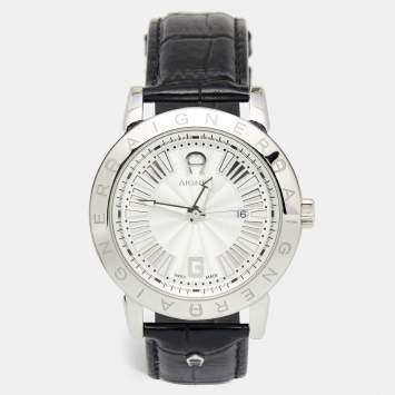 Pre Owned Aigner Silver Stainless Steel Leather Cortina A26000 Men's Wristwatch 42 mm