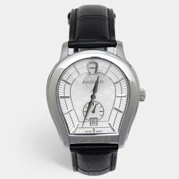 Pre Owned Aigner Silver Stainless Steel Leather Vicenza A111100 Men's Wristwatch 38 mm