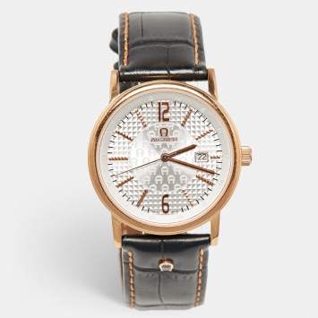 Pre Owned Aigner Silver Rose Gold Plated Stainless Steel Leather Linate II A32100 Men's Wristwatch 38 mm
