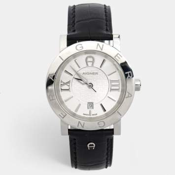 Pre Owned Aigner Silver Stainless Steel Leather Cortina A26000 Men's Wristwatch 41 mm