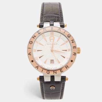 Pre Owned Aigner Silver Two Tone Stainless Steel Leather Murano A35100 Men's Wristwatch 40 mm 