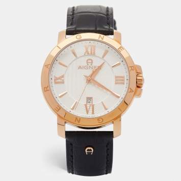 Pre Owned Aigner Silver Gold Tone Stainless Steel Leather Triento A09000 Men's Wristwatch 42 mm And Pen Set