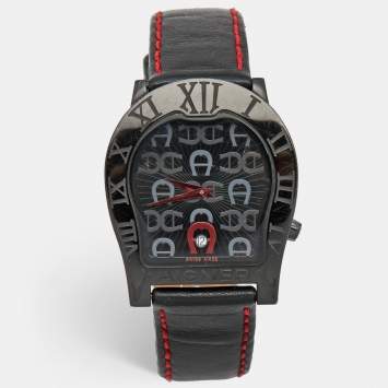 Pre Owned Aigner Black PVD Coated Stainless Steel Leather Verona Nuovo 44 A22000 Men's Wristwatch 37 mm 