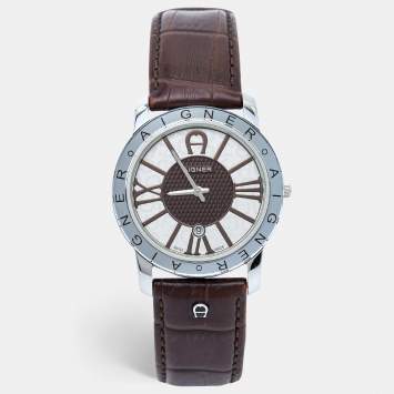 Pre Owned Aigner SIlver/Brown Stainless Steel Leather Murano A36100 Men's Wristwatch 40 mm