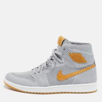 Pre Owned Air Jordans Grey Knit Fabric Jordan 1 Retro High Flyknit Wolf Grey Sneakers Size 43