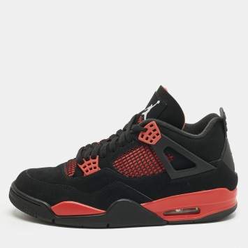 مملوكة مسبقًا Air Jordans Black Durabuck Leather Jordan 4 Retro Red Thunder Sneakers Size 45.5