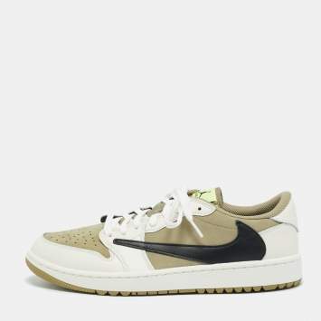 Pre Owned Air Jordans Multicolor Nubuck and Leather Jordan 1 Retro Low Golf Travis Scott Neutral Olive Sneakers Size 44.5
