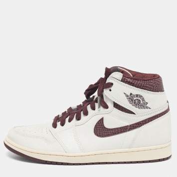 Pre Owned Air Jordans Jordan 1 Retro OG A Ma Maniére Size 44 White/Burgundy Cracked Leather High Top Sneakers