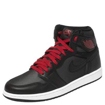 Pre Owned Nike Black/Red Leather And Fabric Air Jordan 1 Retro High Top Sneakers Size 42.5