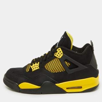 Pre Owned Air Jordans Black Nubuck Leather Jordan 4 Retro Thunder Sneakers Size 43
