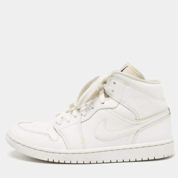 Pre Owned Air Jordans White Snakeskin Embossed Leather Jordan 1 Mid Sneakers Size 42