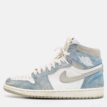 Pre Owned Air Jordans Blue/White Leather and Suede Air Jordan 1 High Top Sneakers Size 43