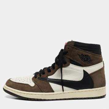 Pre Owned Air Jordans White/Brown Leather and Suede Jordan 1 Retro High OG SP Travis Scott Mocha Sneakers Size 44.5