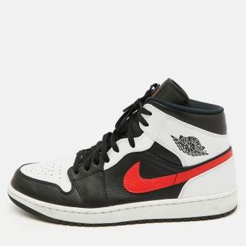 Pre Owned Air Jordans Black/White Leather Jordan 1 Mid Sneakers Size 46