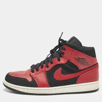 Pre Owned Air Jordans Red/Black  Leather Air Jordan 1 High Top Sneakers Size 44