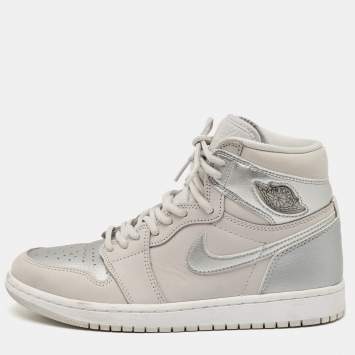 Pre Owned Air Jordans Silver/Grey Leather Air Jordan 1  CO.JP High Top Sneakers Size 40.5 