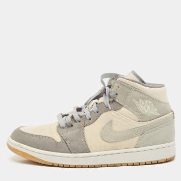Pre Owned Air Jordans Grey/Beige Suede and Canvas Jordan 1 Mid SE Coconut Milk Particle Grey Sneakers Size 42.5