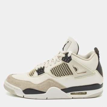 Pre Owned Air Jordans White/Black Leather Jordan 4 Retro Military Black Sneakers Size 45