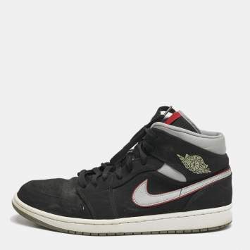 Pre Owned Air Jordans Black/Grey Durabuck and Leather Jordan 1 Mid Black Particle Grey Gym Red Sneakers Size 45.5