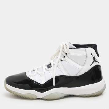 Pre Owned Air Jordan White/Black Patent And Canvas Jordan-11-Retro High Top Sneakers Size  44.5