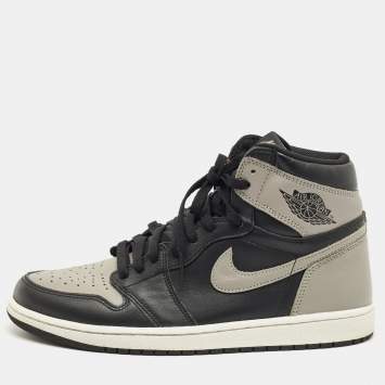 Pre Owned Air Jordans Black/Grey Leather Jordan 1 Retro High Shadow Sneakers Size 45