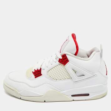 Pre Owned Air Jordans White Leather Jordan 4 Retro Metallic Red Sneakers Size 45