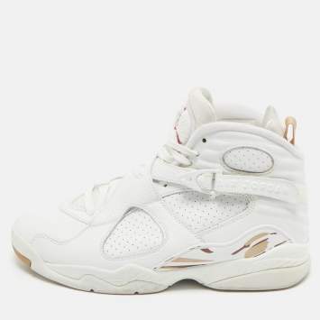 Pre Owned Air Jordans White Leather and Satin Jordan 8 High Top Sneakers Size 44