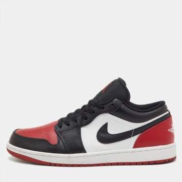 Pre Owned Air Jordans Black/Red Leather Jordan 1 Low Bred Toe Sneakers Size 45