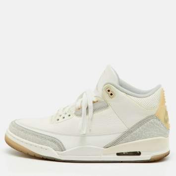 Pre Owned Air Jordans White/Grey Leather Jordan 3 Retro Craft Ivory Sneakers Size 45.5