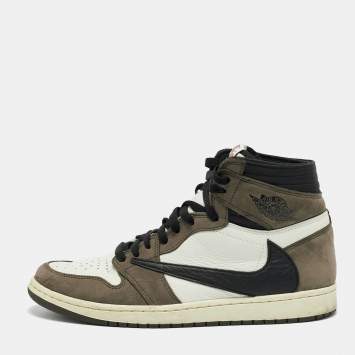 Pre Owned Air Jordans Multicolor Nubuck and Leather Jordan 1 Retro High OG SP Travis Scott Mocha Sneakers Size 44.5