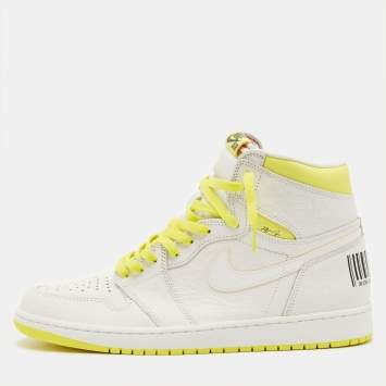 Pre Owned Air Jordans Jordan 1 Retro High First Class Flight Size 46 White/Yellow Leather High Top Sneakers
