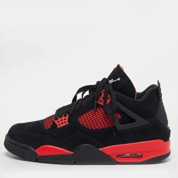 Pre Owned Air Jordans Jordan 4 Retro Red Thunder Size 45.5 Black/Red Nubuck Leather High Top Sneakers