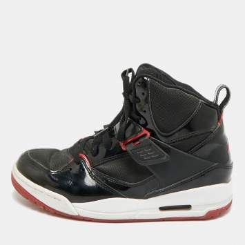 Pre Owned Air Jordans Flight 45 Size 41 Black Fabric and Patent Leather High Top Sneakers
