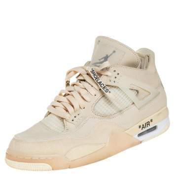 Pre Owned Air Jordan x Off White Beige Leather And Mesh 4 Retro Sail Sneakers Size 44.5