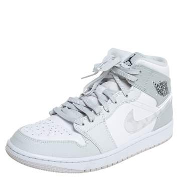 Pre Owned Air Jordan 1 Mid Grey/White Leather Camo High Top Sneakers Size 43