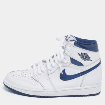 Pre Owned Air Jordans White/Metallic Navy Blue Leather Jordan 1 Retro High OG Sneakers Size 42