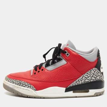Pre Owned Air Jordans 3 Red/Grey Leather Unite Fire Red Sneakers Size 42.5