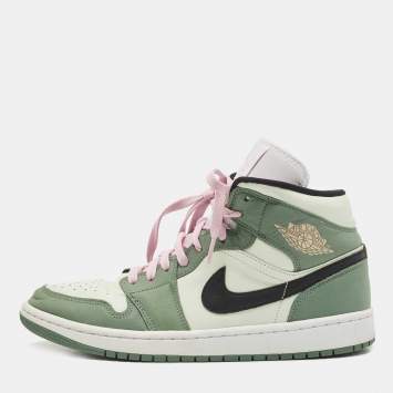 Pre Owned Air Jordan Two Tone Leather Mid Dutch Green High Top Sneakers Size 44