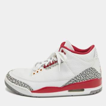 Pre Owned Air Jordans White/Grey Leather Jordan 3 Retro Cardinal Red Sneakers Size 43