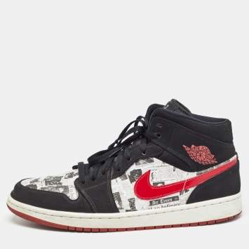 Pre Owned Air Jordans Black Nubuck Leather Jordan 1 Mid Newspaper Air Times Sneakers Size 47