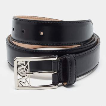 مملوكة مسبقًا Alexander McQueen Seal 100 CM Buckle Belt Black Leather