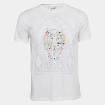 Pre Owned Alexander McQueen White Badges Skull Window Print Jersey T-Shirt M