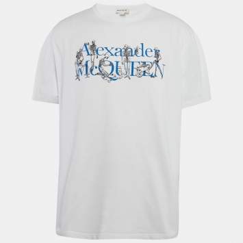 Pre Owned Alexander McQueen White Skeleton Embroidery and Logo Print Cotton T-Shirt XL
