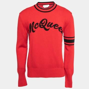 Pre Owned Alexander McQueen Red Logo Patterned Cotton Knit Crew Neck Sweater M 