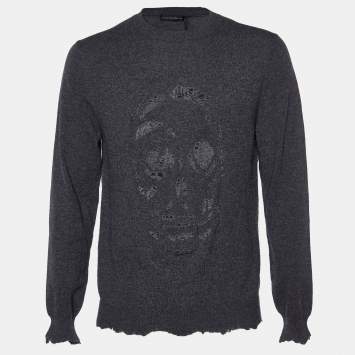 Pre Owned Alexander McQueen Grey Pierced Skull Wool & Cashmere Sweater L