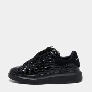 Pre Owned Alexander McQueen Black Croc Embossed Patent Leather Oversized Sneakers Size 43