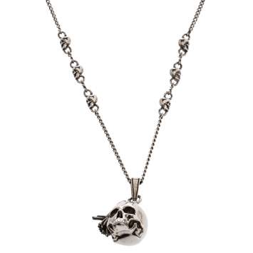 Pre Owned Alexander McQueen Raven And Skull Silver Tone Pendant Necklace
